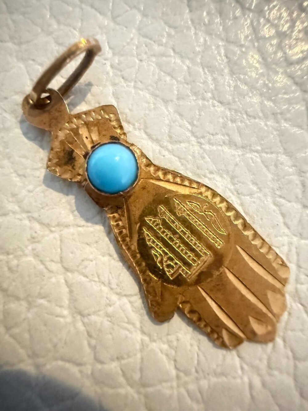 VINTAGE 18K YELLOW GOLD HAMSA HAND PENDANT TURQUOISE ARABIC "ALLAH" CALLIGRAPHY